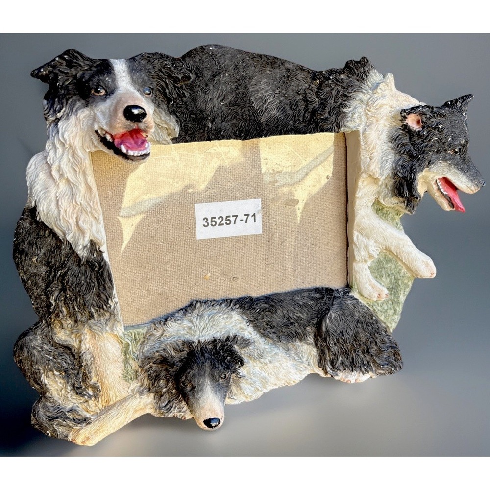 Vtg RARE 3D Border Collie dog picture frame hand-painted resin 7" X 10"